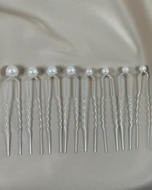 Silver Pearl Hair Pin - Mixed set of 8